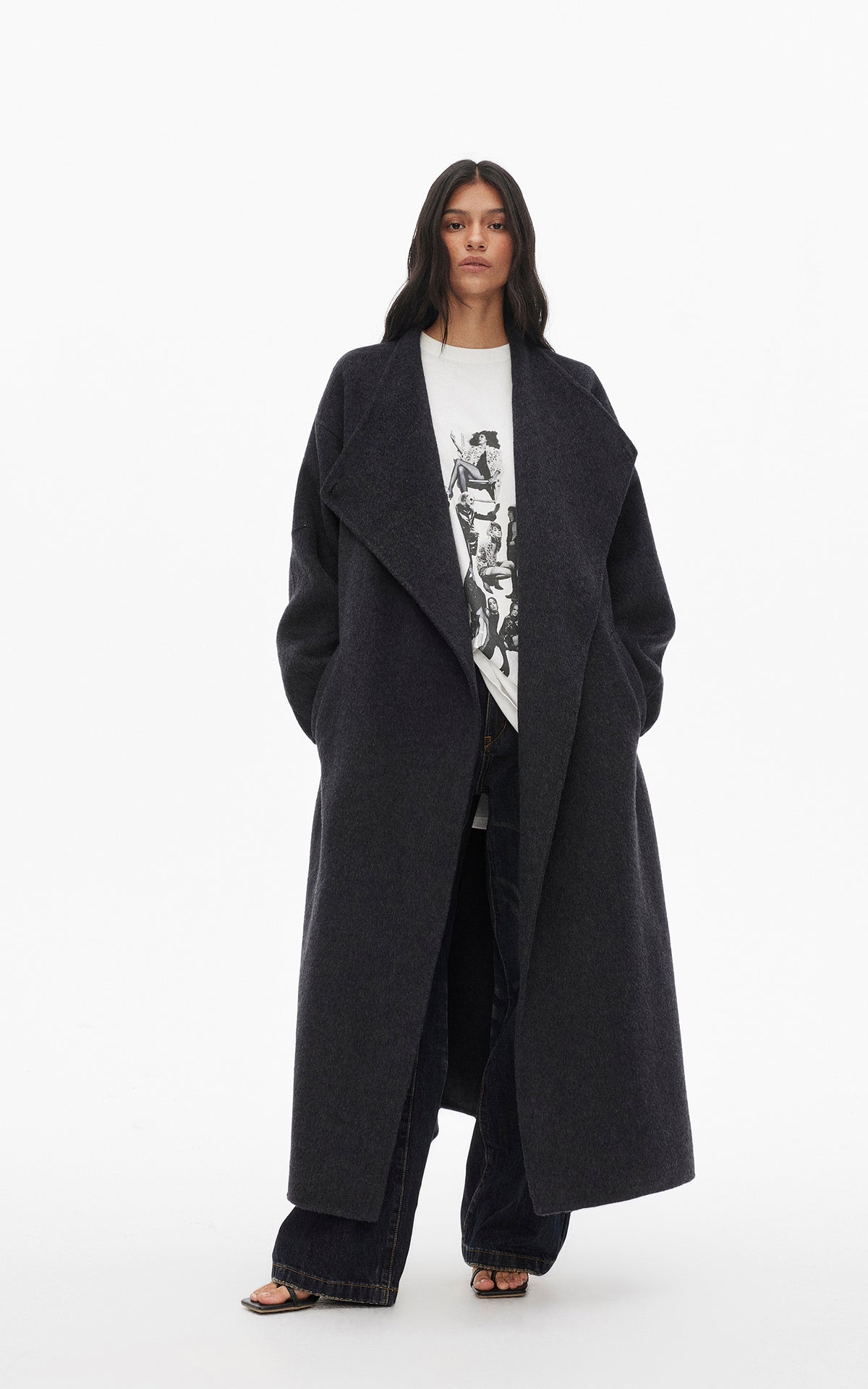 0122stepll Manteau long ample ceinturé à nouer