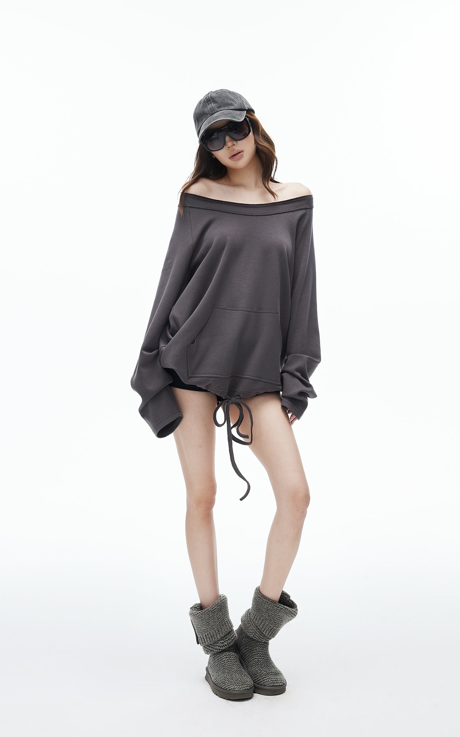 IAMXIAA Sweat-shirt oversize à épaules dénudées et cordon de serrage