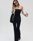 IAMXIAA Strapless Denim Top and Flared Pants Two-Piece Set