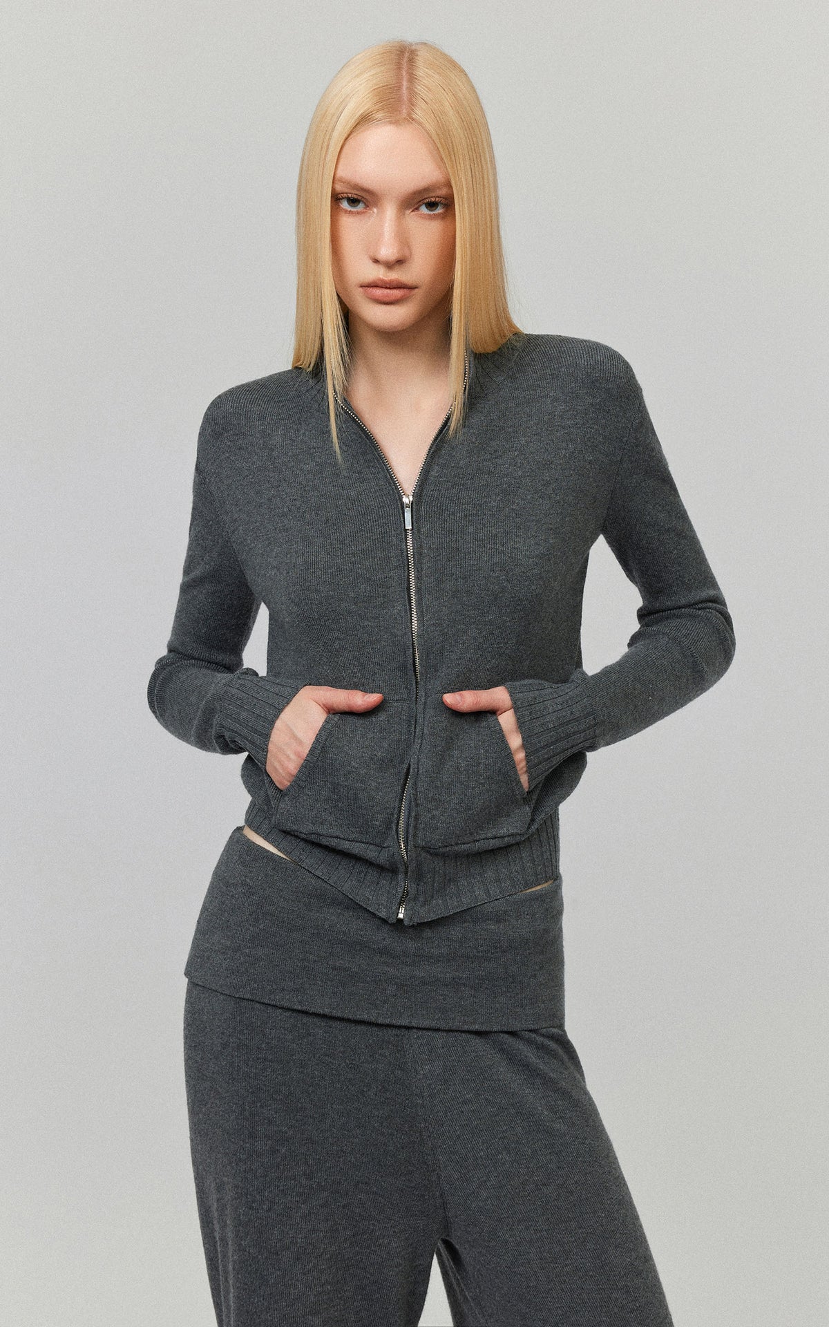 0122stepll High-Neck Zip Knit Cardigan &amp; Foldover Wide-Leg Pants Set