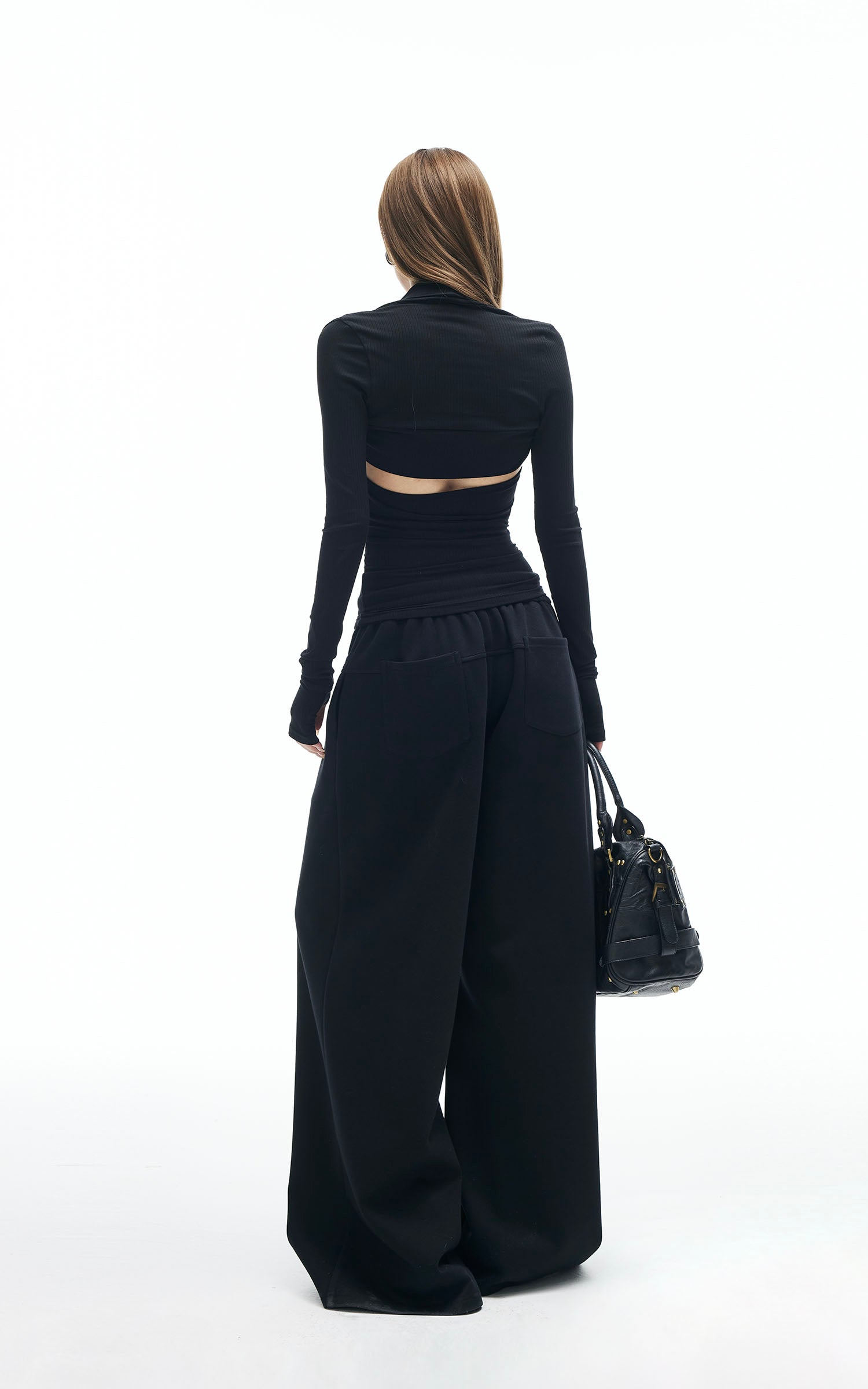 IAMXIAA Cut Out Halter Long Sleeve Shrug Top Ribbed Knit Slim Fit