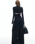 IAMXIAA Cut Out Halter Long Sleeve Shrug Top Ribbed Knit Slim Fit