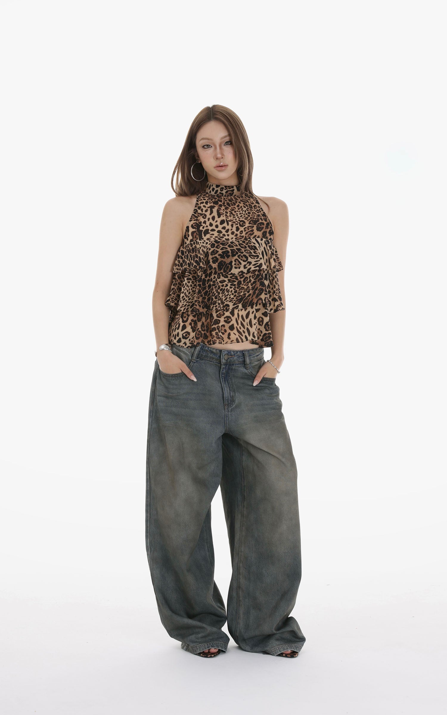 IAMXIAA Leopard Print Ruffle Tank Top Halter Neck Sheer Layered Vest