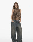 IAMXIAA Leopard Print Ruffle Tank Top Halter Neck Sheer Layered Vest