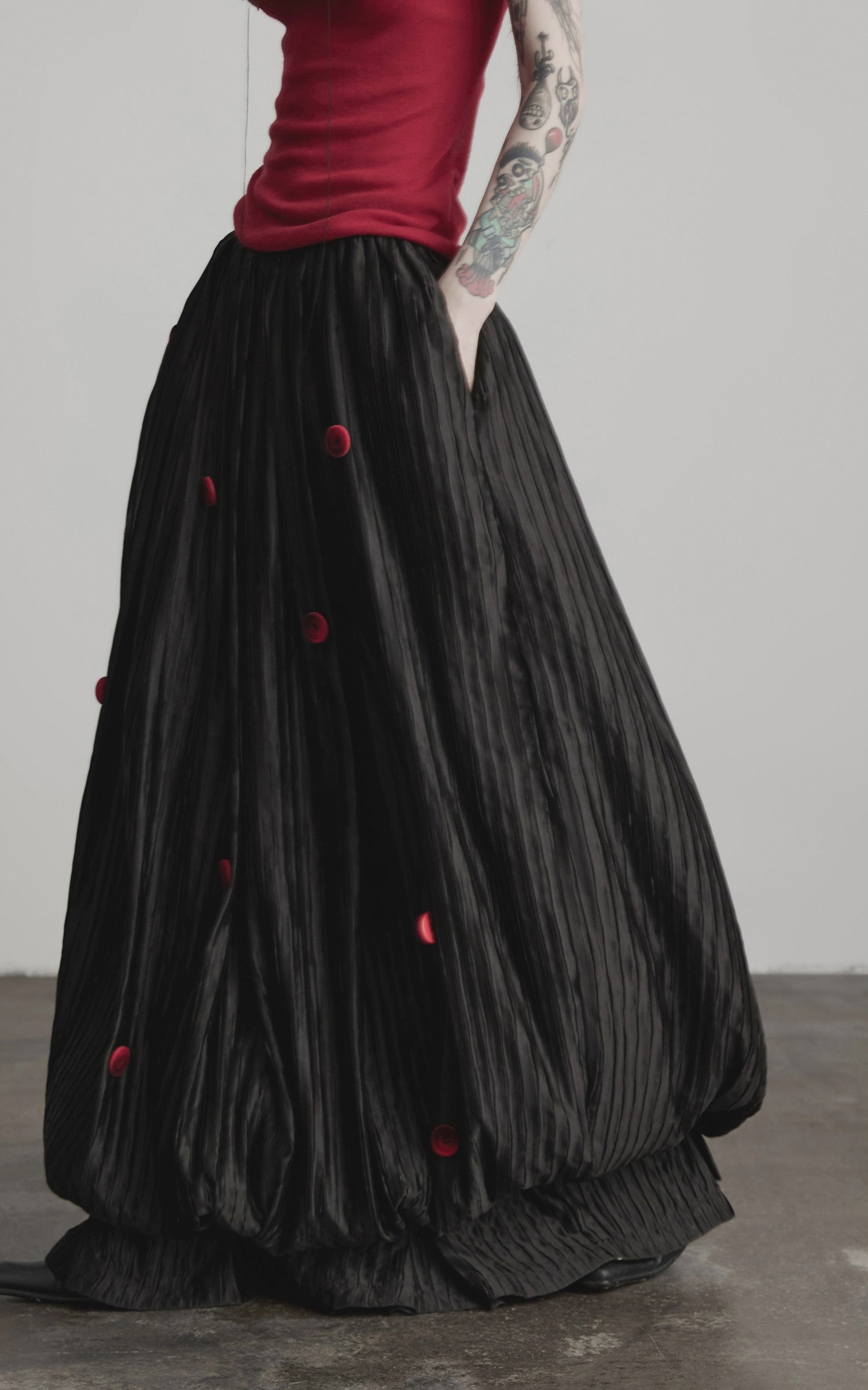 DOINDULGE Black Pleated Skirt Red Button Accents