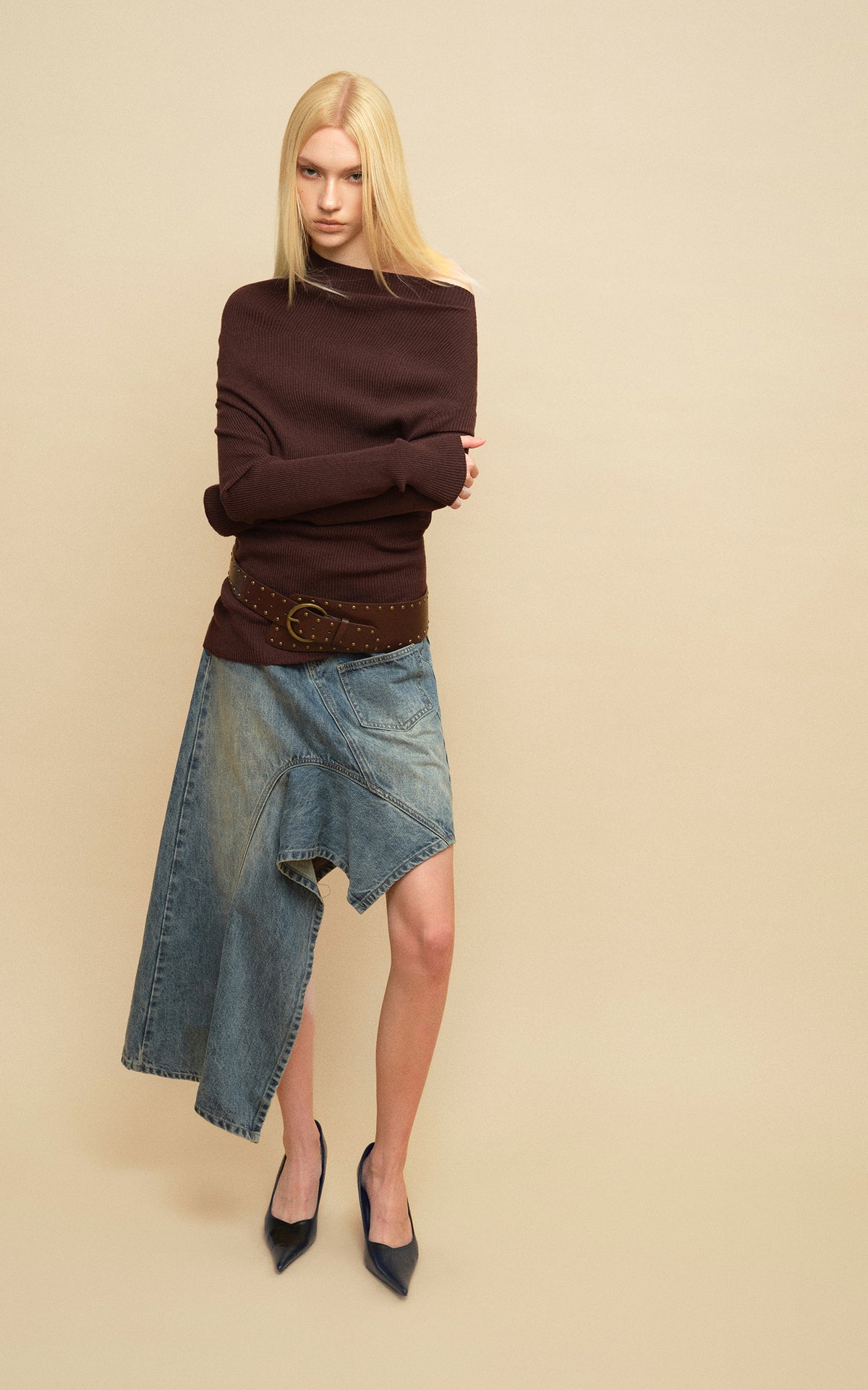 0122stepll Deconstructed Asymmetric Denim Midi Skirt