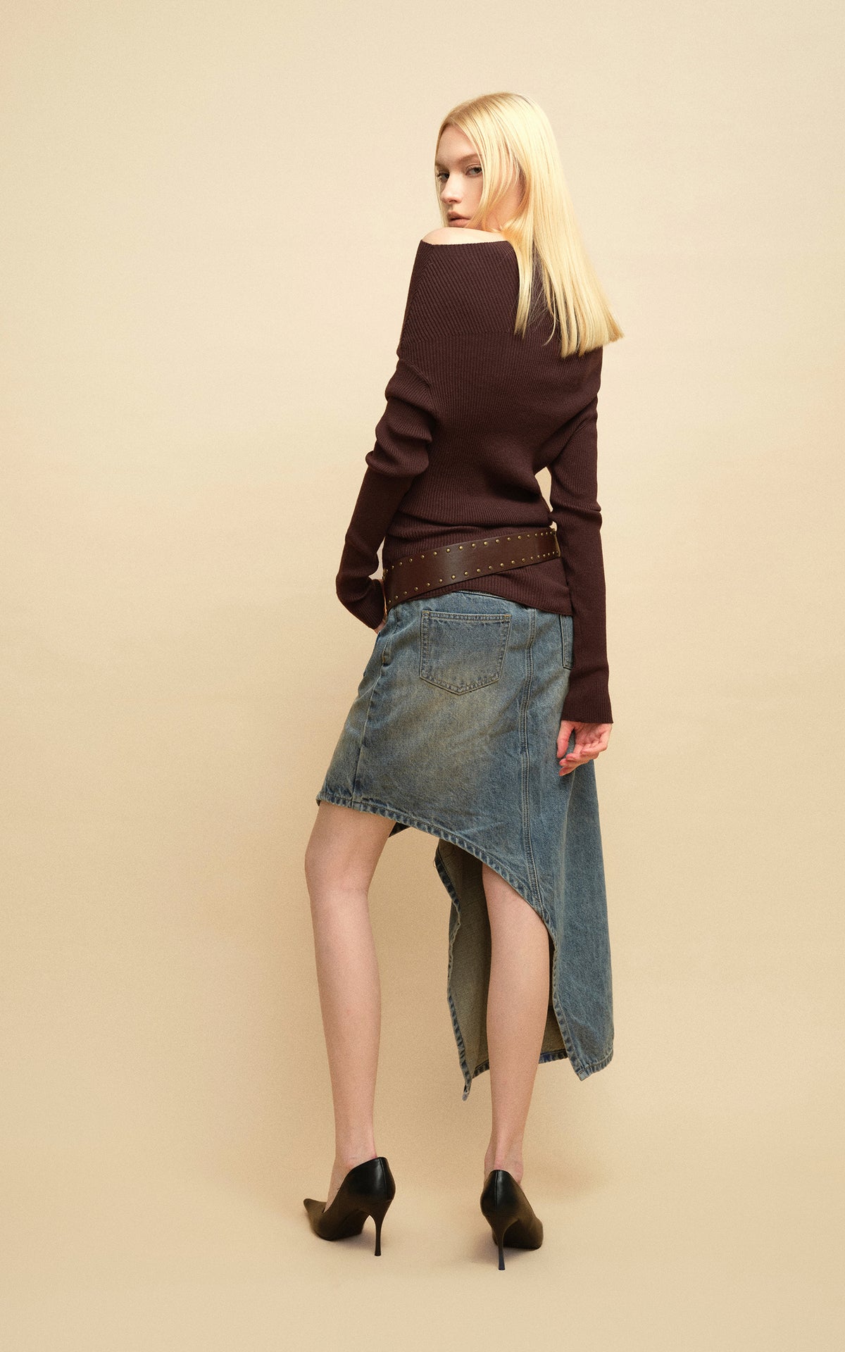 0122stepll Deconstructed Asymmetric Denim Midi Skirt