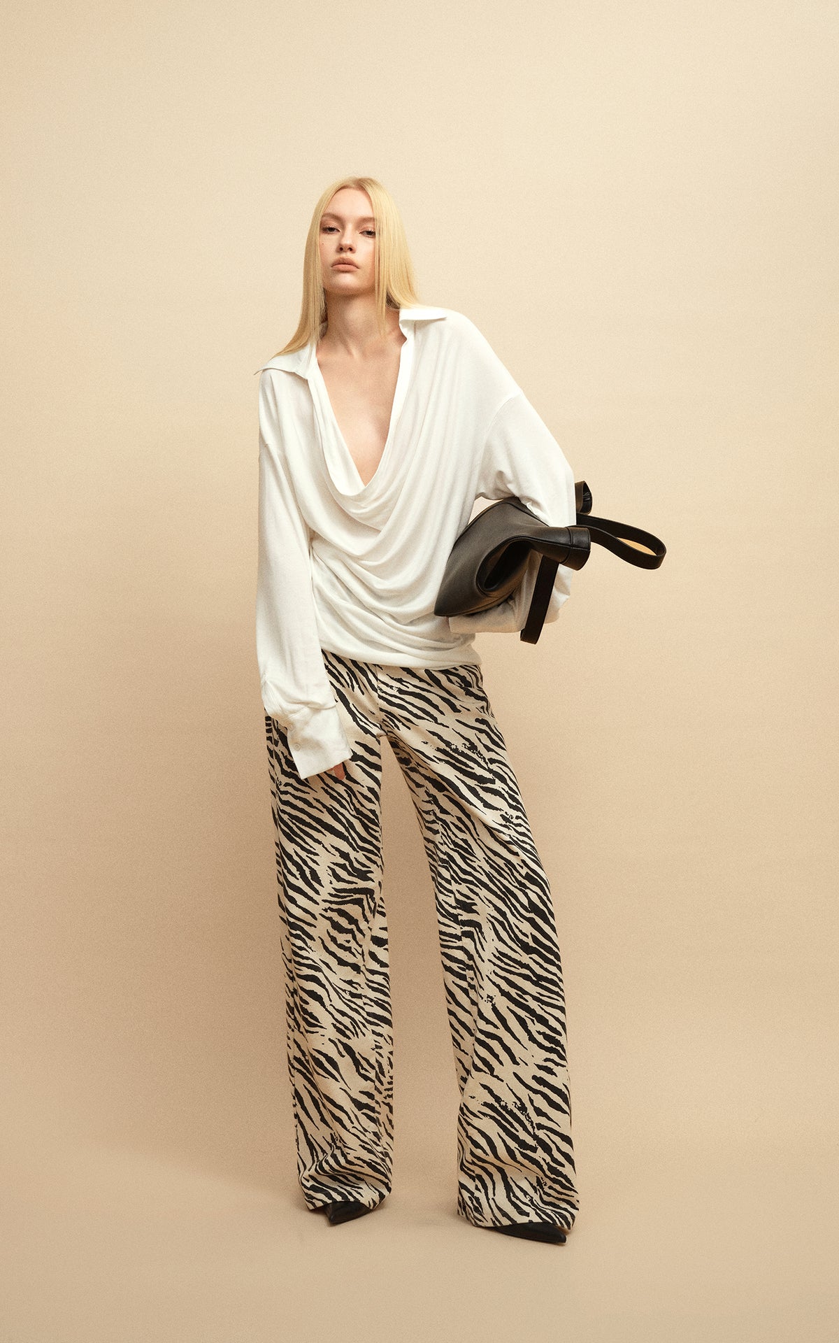 0122stepll Zebra Print Low-Rise Wide-Leg Denim Pants