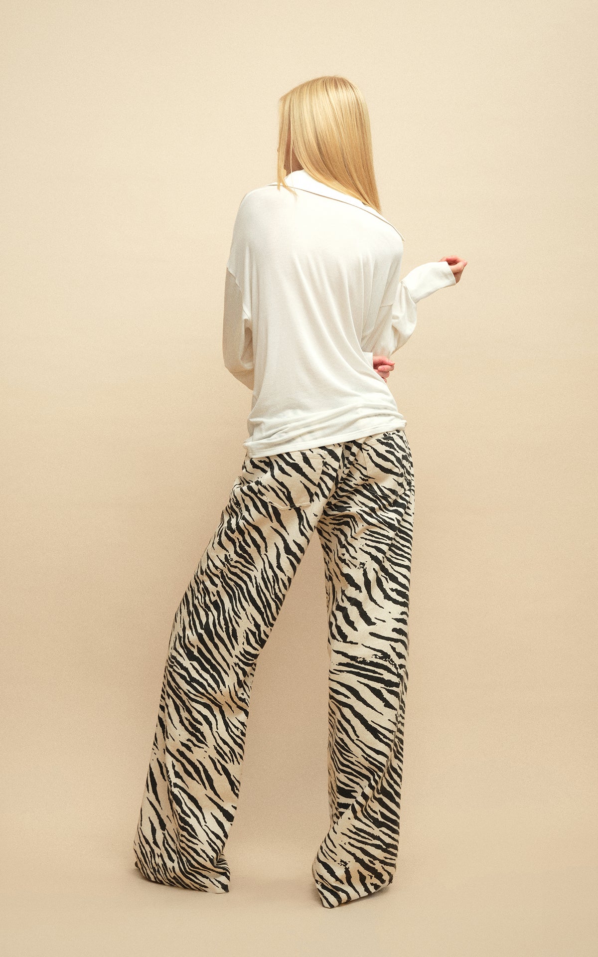 0122stepll Zebra Print Low-Rise Wide-Leg Denim Pants