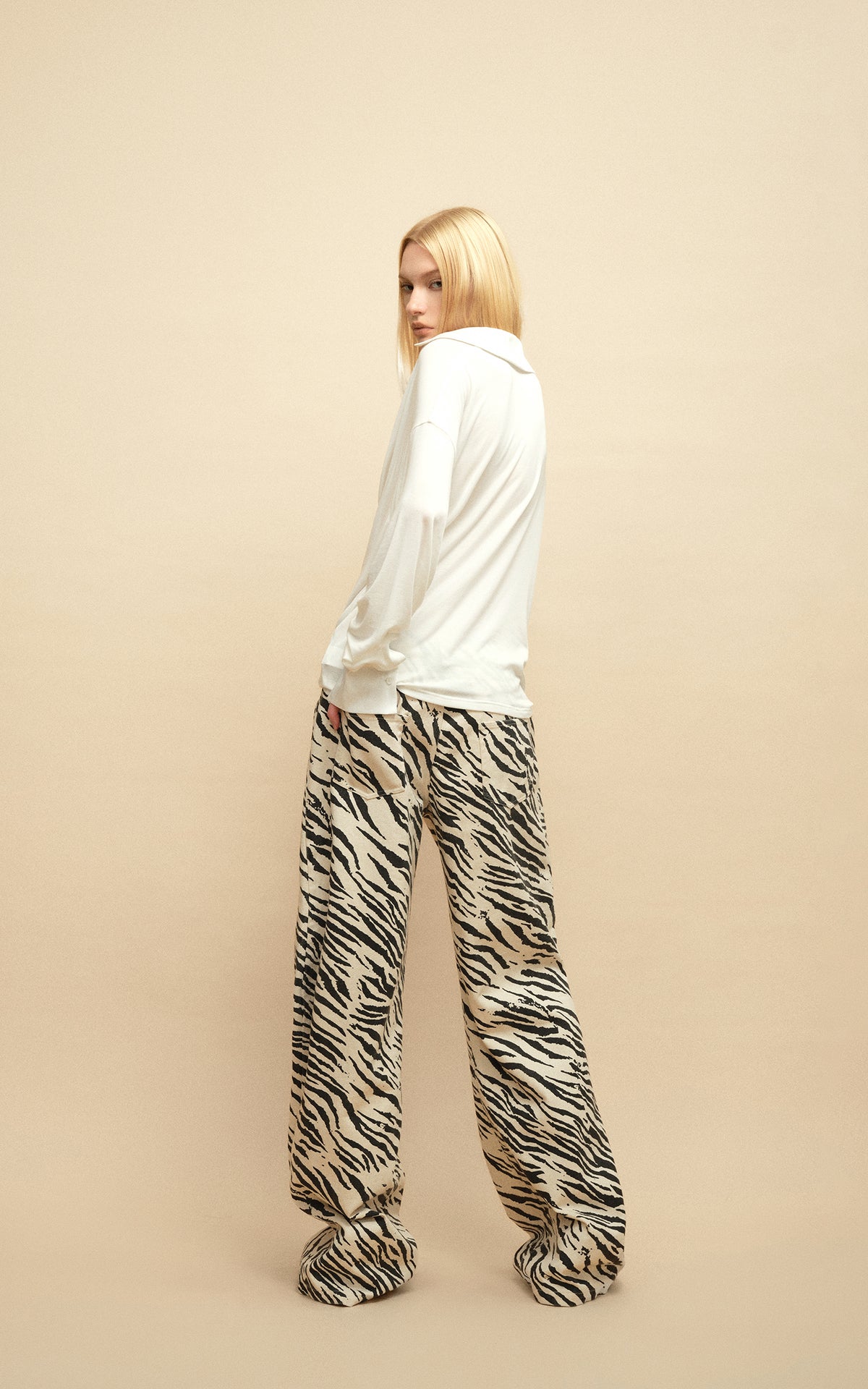 0122stepll Zebra Print Low-Rise Wide-Leg Denim Pants