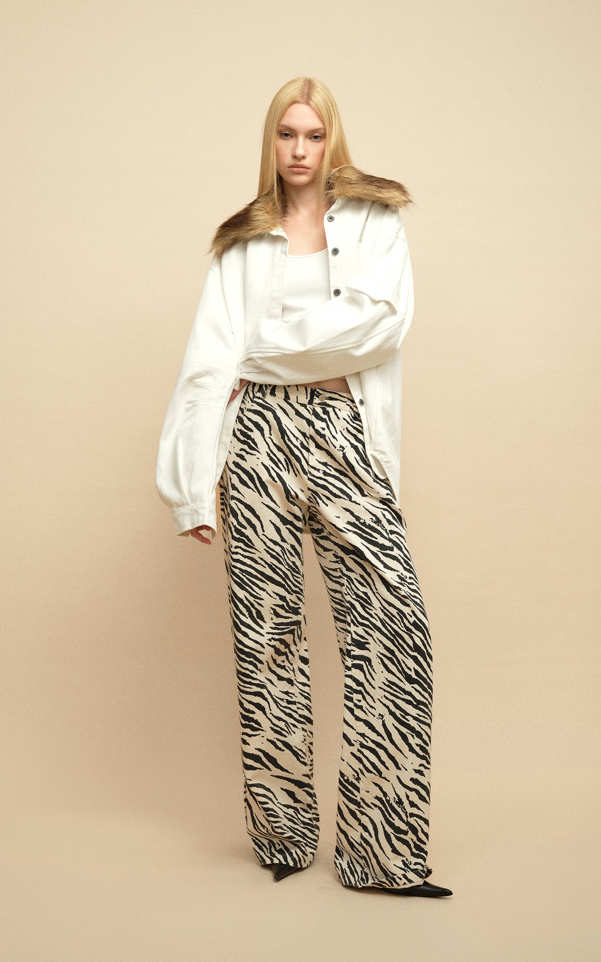 0122stepll Zebra Print Low-Rise Wide-Leg Denim Pants