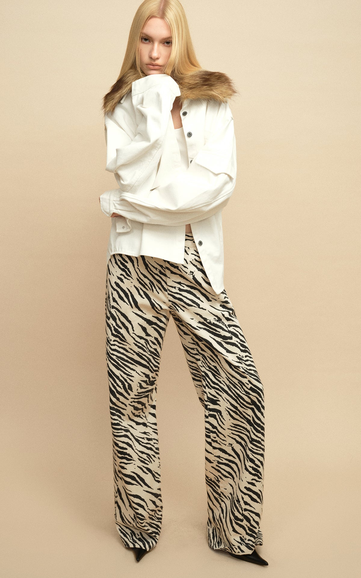 0122stepll Zebra Print Low-Rise Wide-Leg Denim Pants