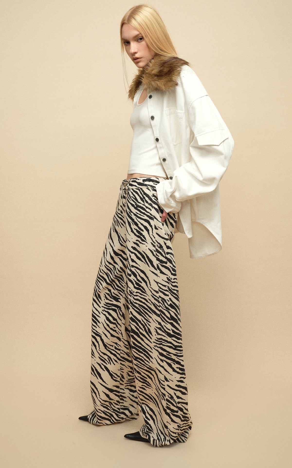 0122stepll Zebra Print Low-Rise Wide-Leg Denim Pants