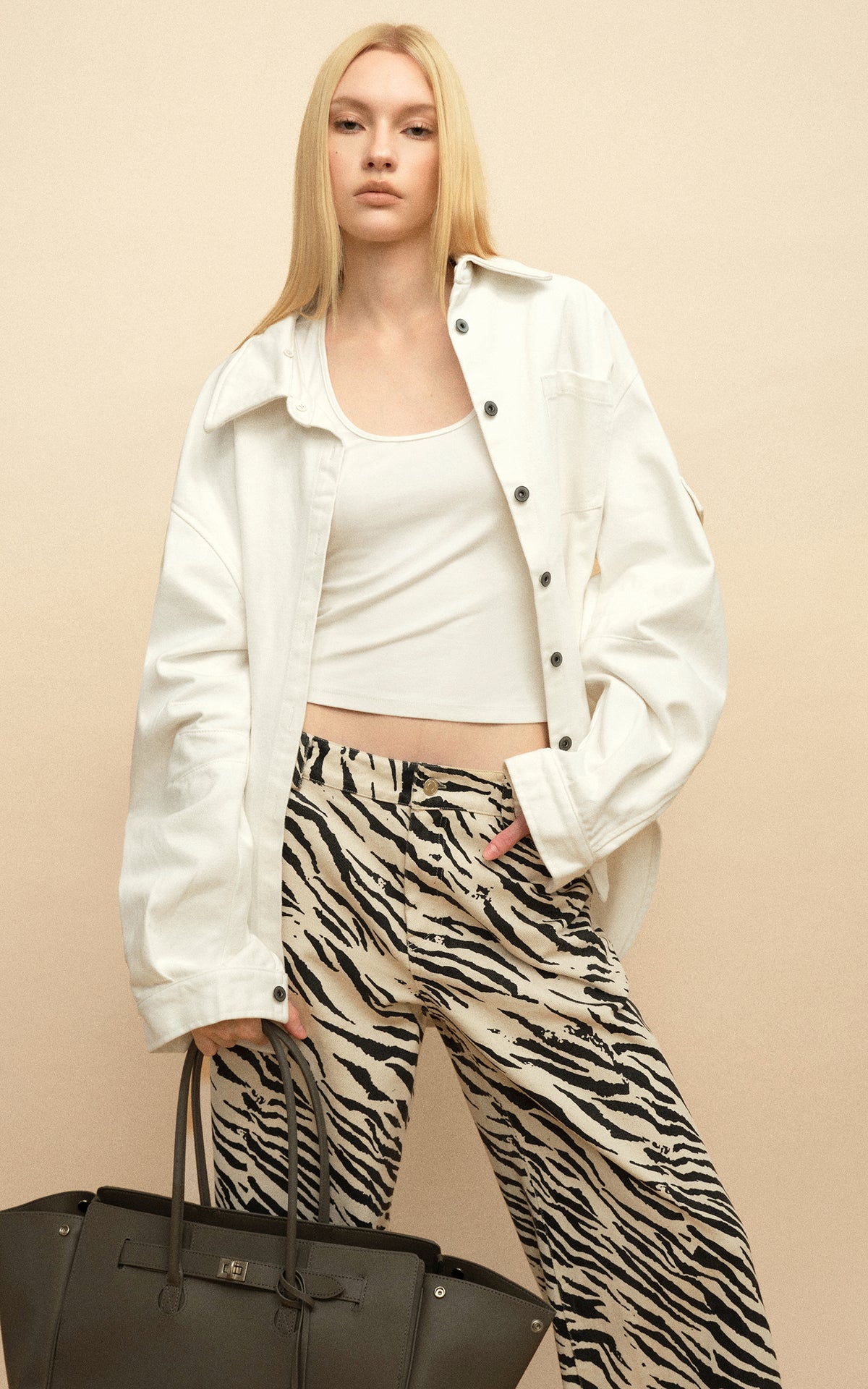 0122stepll Zebra Print Low-Rise Wide-Leg Denim Pants