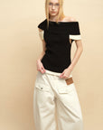 0122stepll Contrast Deconstructed Off-Shoulder Knit Top