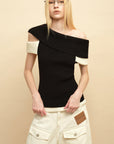 0122stepll Contrast Deconstructed Off-Shoulder Knit Top