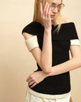 0122stepll Contrast Deconstructed Off-Shoulder Knit Top