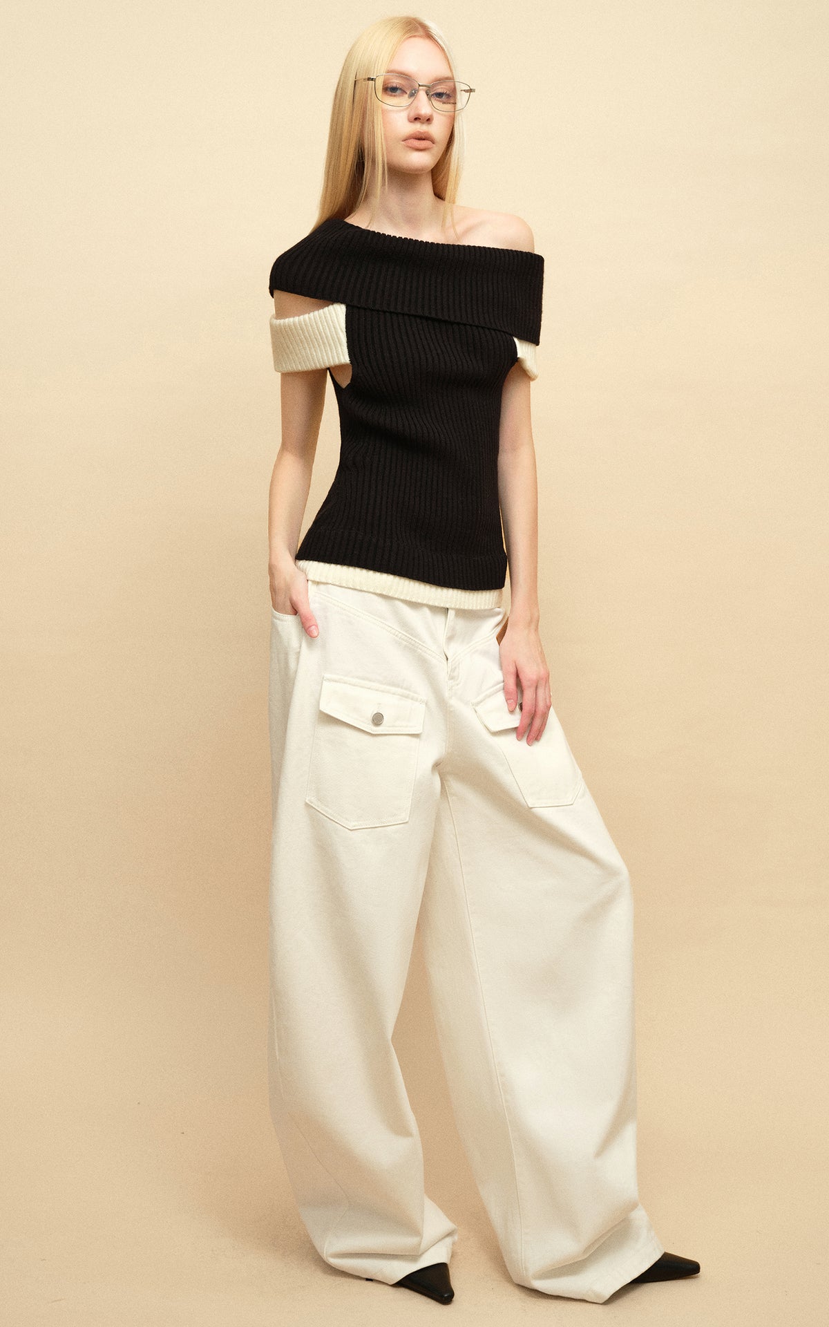 0122stepll Contrast Deconstructed Off-Shoulder Knit Top