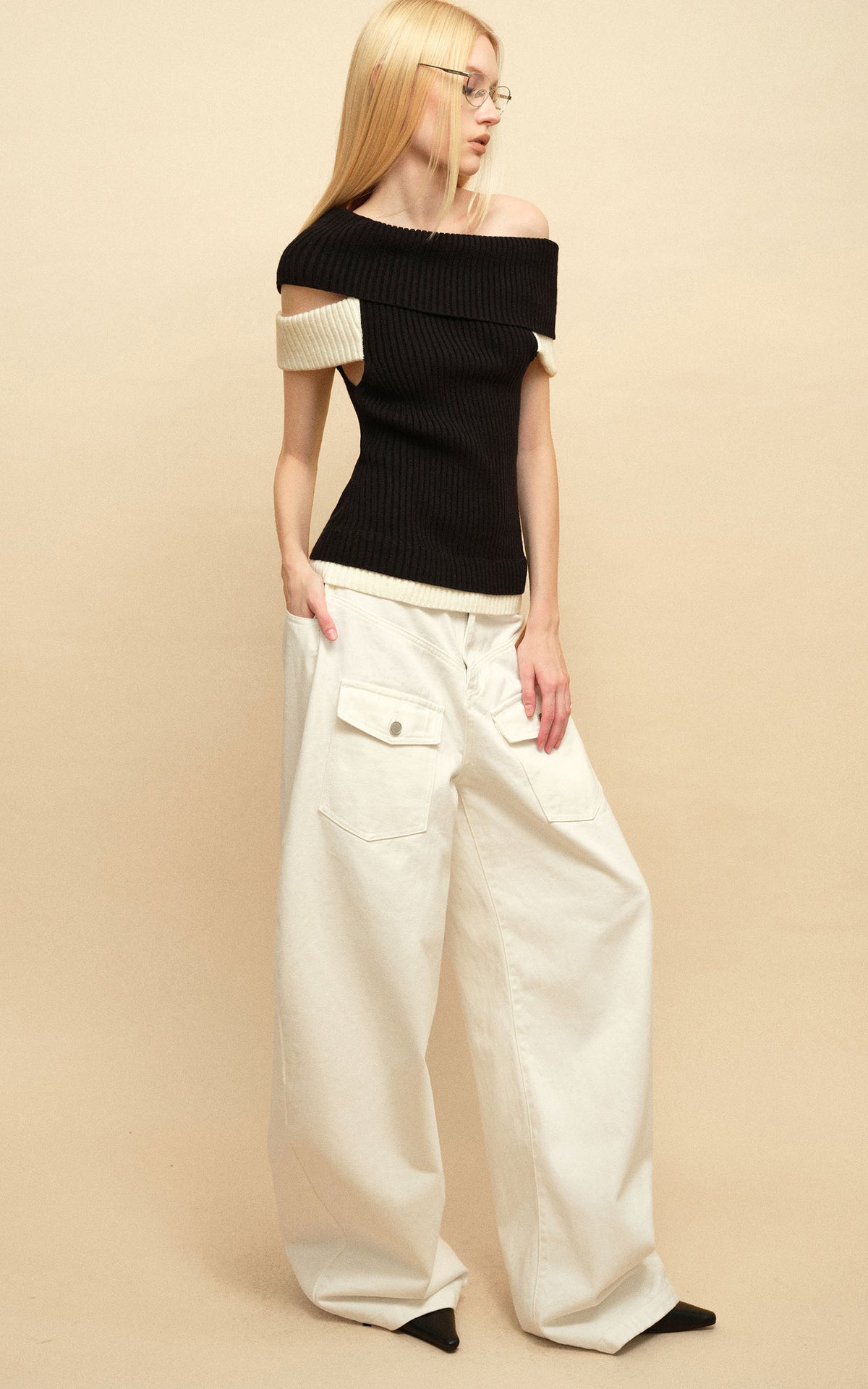 0122stepll Low-Rise Cargo Wide-Leg Denim Pants