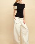 0122stepll Contrast Deconstructed Off-Shoulder Knit Top