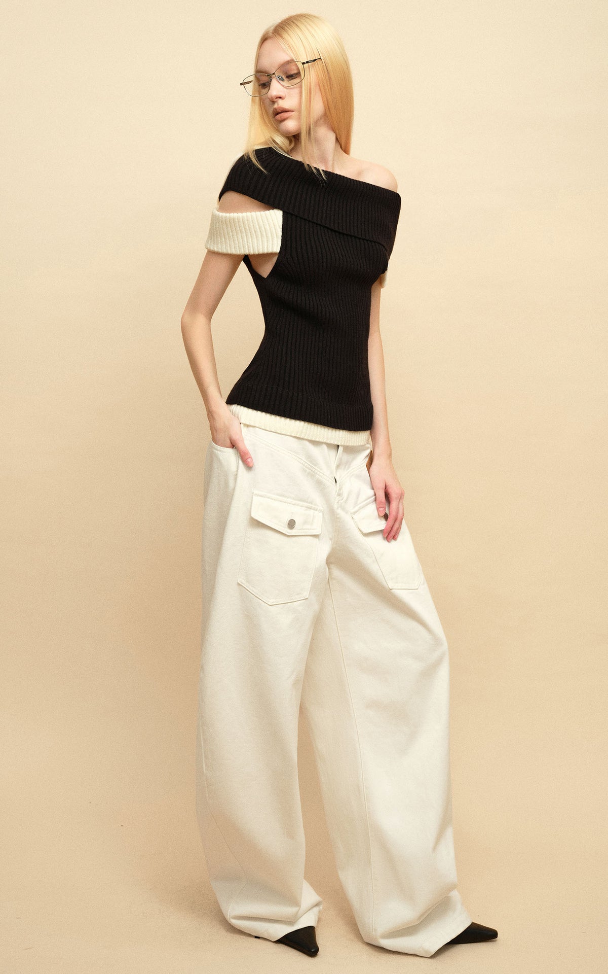 0122stepll Low-Rise Cargo Wide-Leg Denim Pants