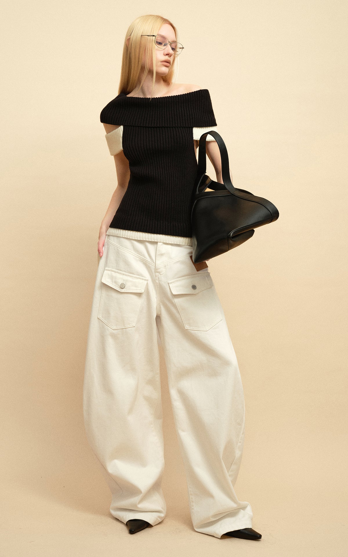 0122stepll Contrast Deconstructed Off-Shoulder Knit Top