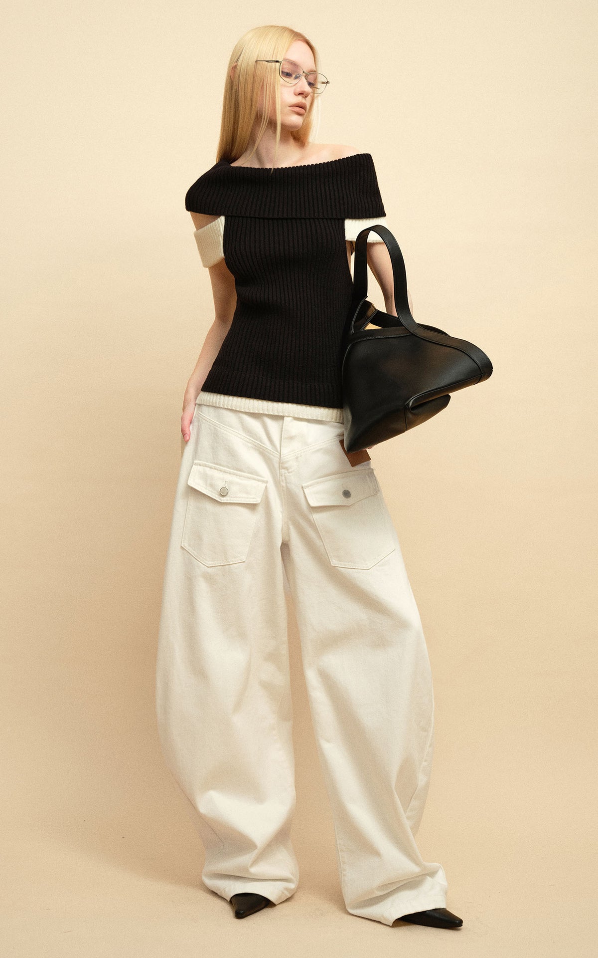0122stepll Low-Rise Cargo Wide-Leg Denim Pants