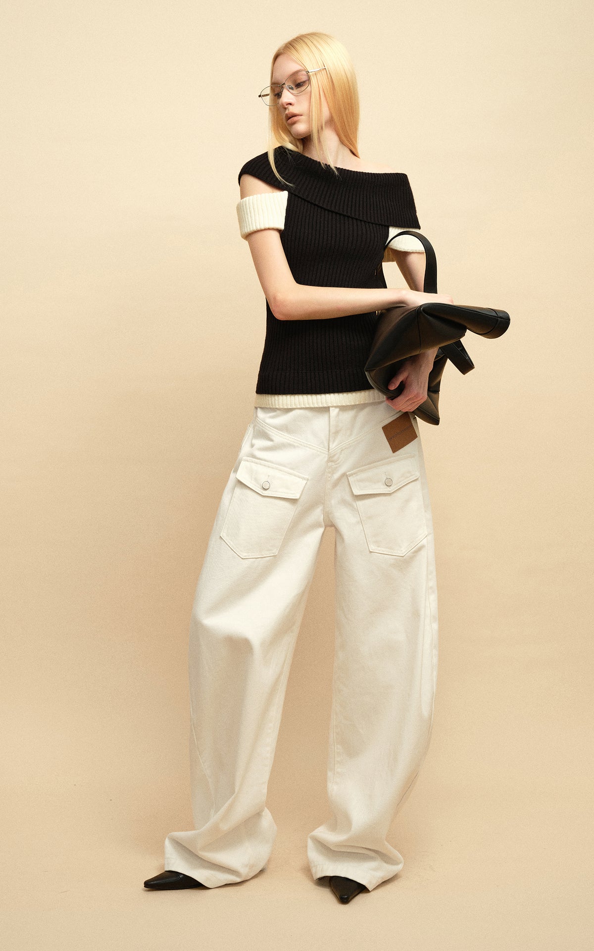 0122stepll Contrast Deconstructed Off-Shoulder Knit Top