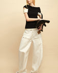 0122stepll Contrast Deconstructed Off-Shoulder Knit Top
