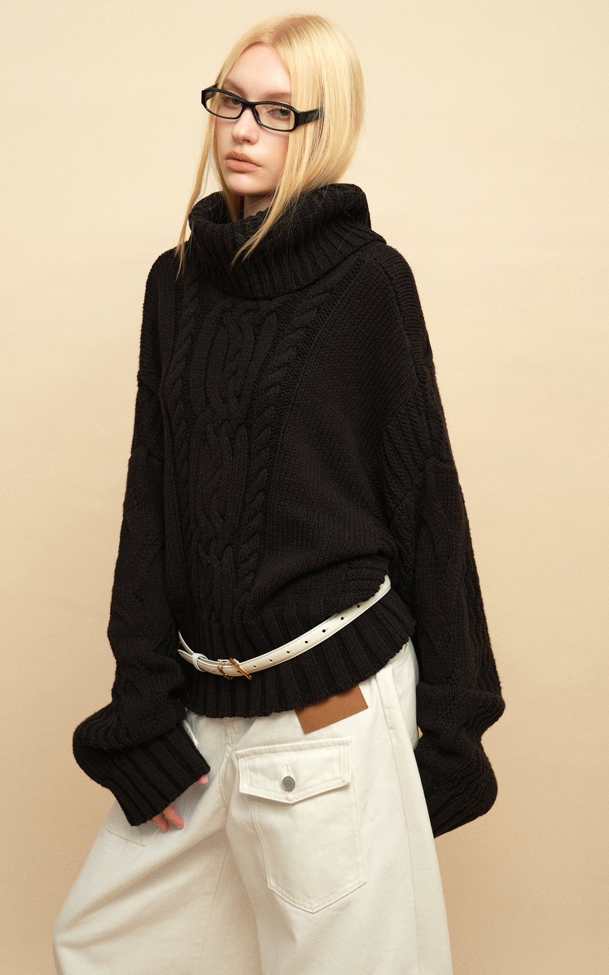 0122stepll Deconstructed Cable Knit Turtleneck Sweater