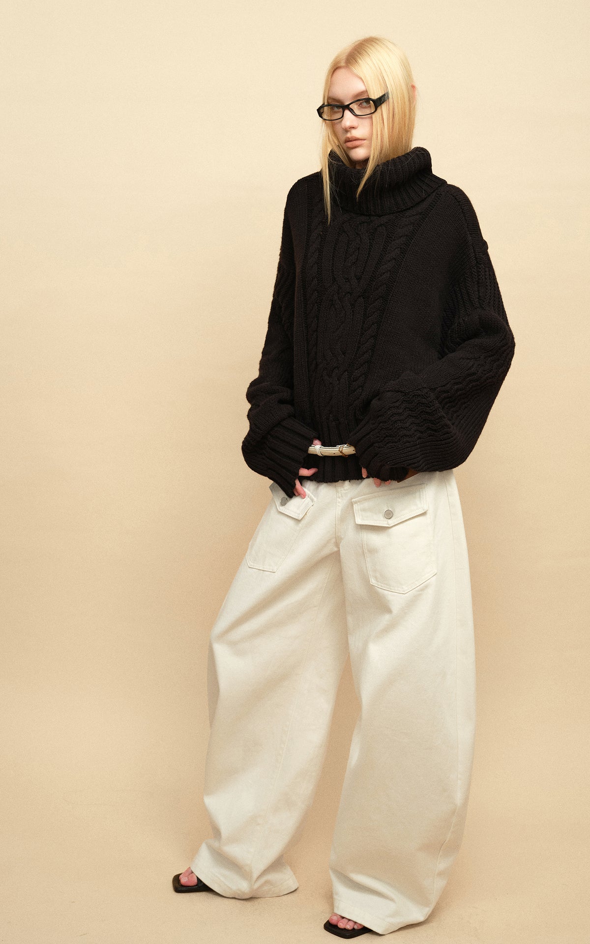 0122stepll Deconstructed Cable Knit Turtleneck Sweater
