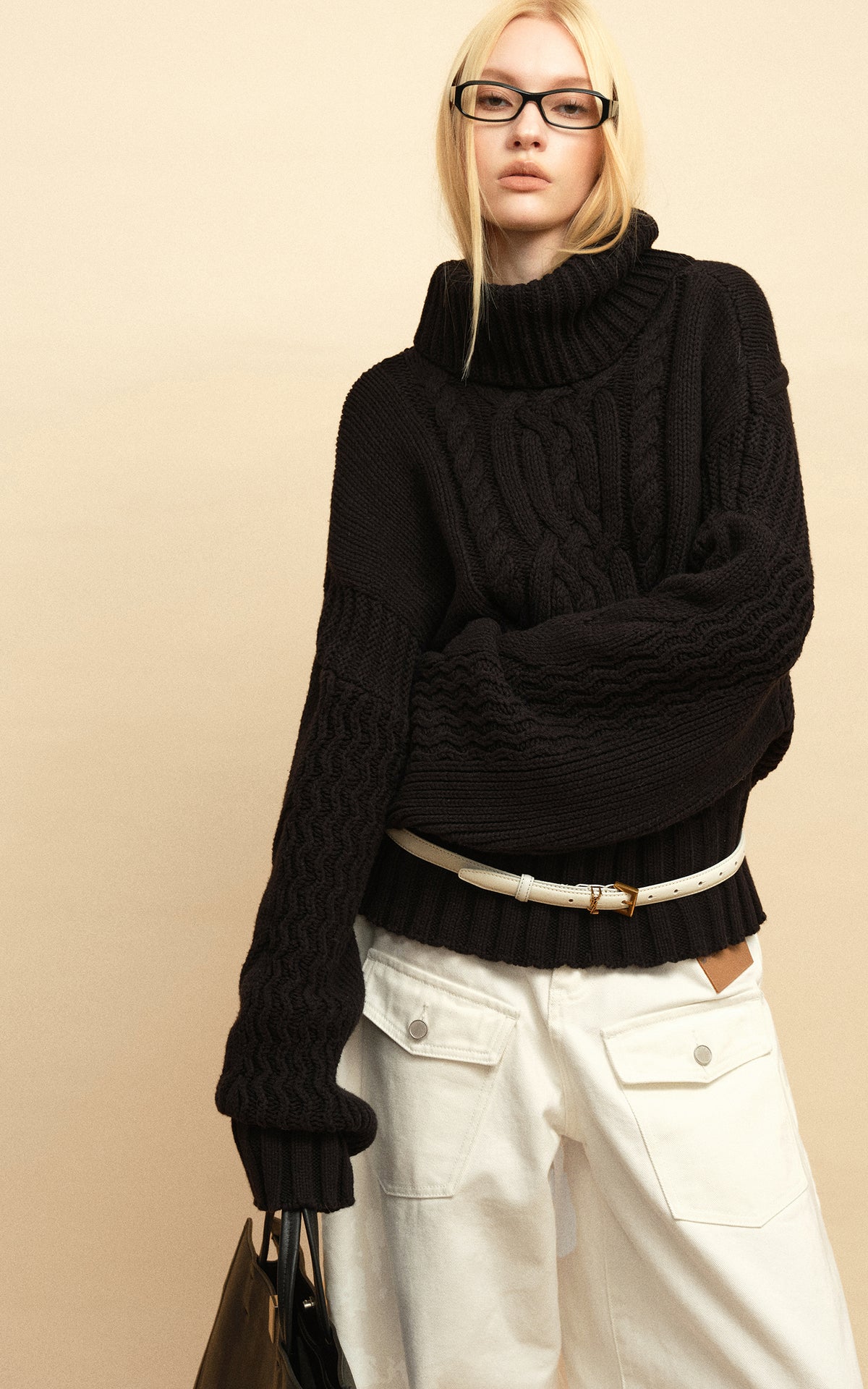 0122stepll Deconstructed Cable Knit Turtleneck Sweater