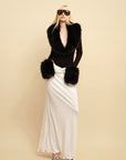 0122stepll Faux Fur Collar Plunge Bodysuit