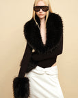 0122stepll Faux Fur Collar Plunge Bodysuit