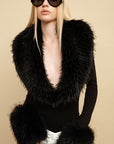0122stepll Faux Fur Collar Plunge Bodysuit