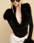 0122stepll Faux Fur Collar Plunge Bodysuit
