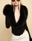 0122stepll Faux Fur Collar Plunge Bodysuit