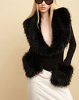 0122stepll Faux Fur Collar Plunge Bodysuit