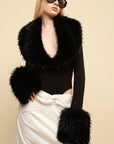 0122stepll Faux Fur Collar Plunge Bodysuit