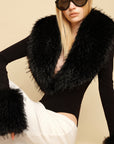 0122stepll Faux Fur Collar Plunge Bodysuit