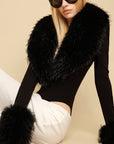 0122stepll Faux Fur Collar Plunge Bodysuit