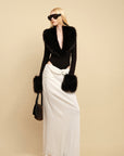 0122stepll Faux Fur Collar Plunge Bodysuit