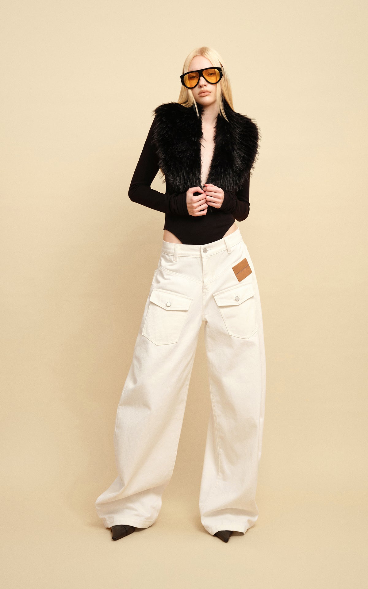 0122stepll Faux Fur Collar Plunge Bodysuit