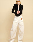 0122stepll Faux Fur Collar Plunge Bodysuit