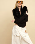 0122stepll Faux Fur Collar Plunge Bodysuit