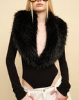 0122stepll Faux Fur Collar Plunge Bodysuit
