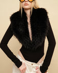 0122stepll Faux Fur Collar Plunge Bodysuit