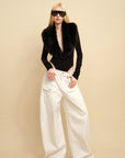 0122stepll Faux Fur Collar Plunge Bodysuit