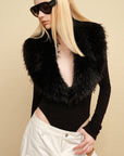 0122stepll Faux Fur Collar Plunge Bodysuit