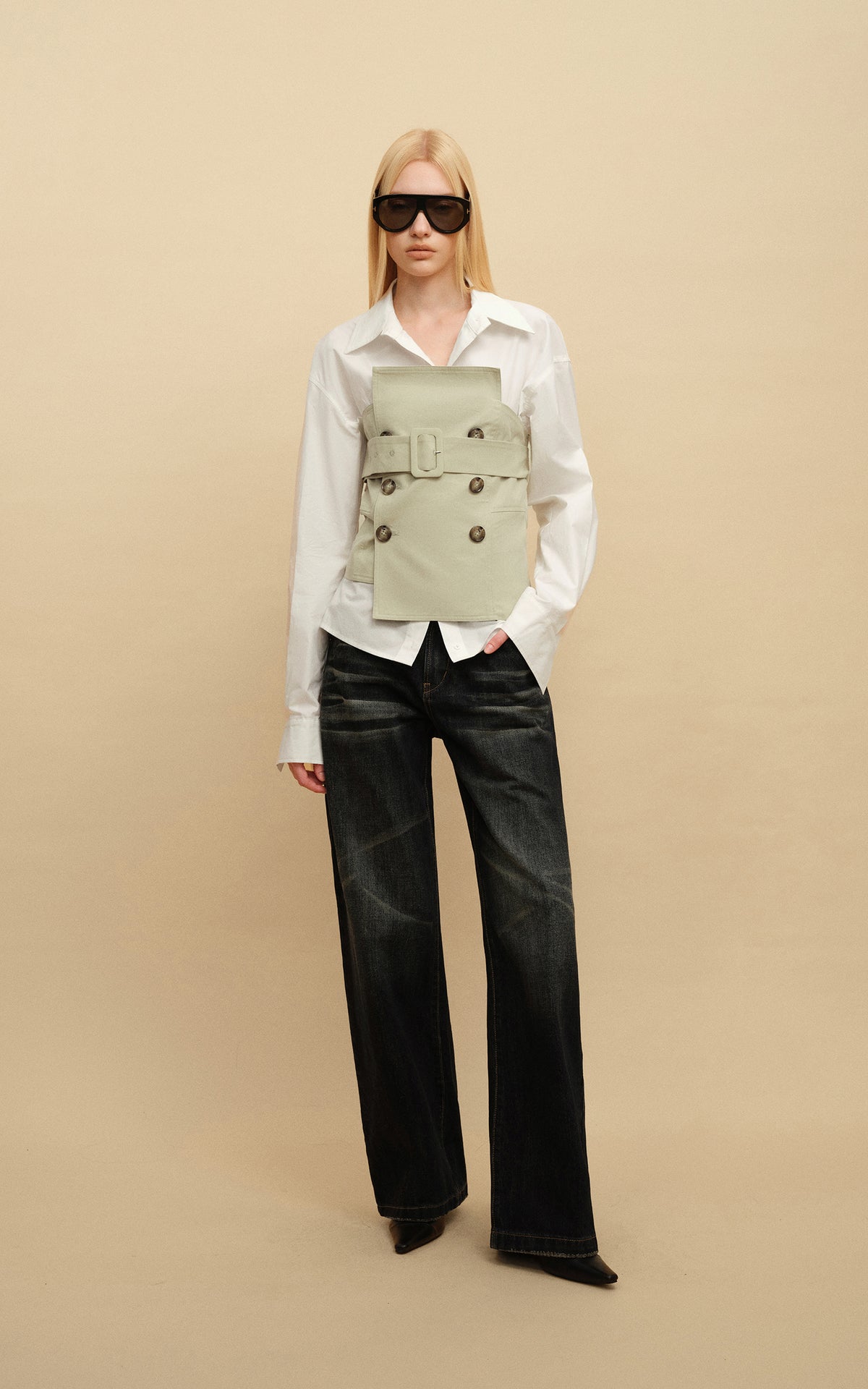 0122stepll Belted Bustier Vest &amp; Relaxed Shirt Set